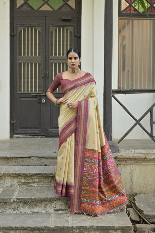 Vishnu Weaves Women's Chiku Handloom Raw Silk Saree with Blouse - Swadesiicart