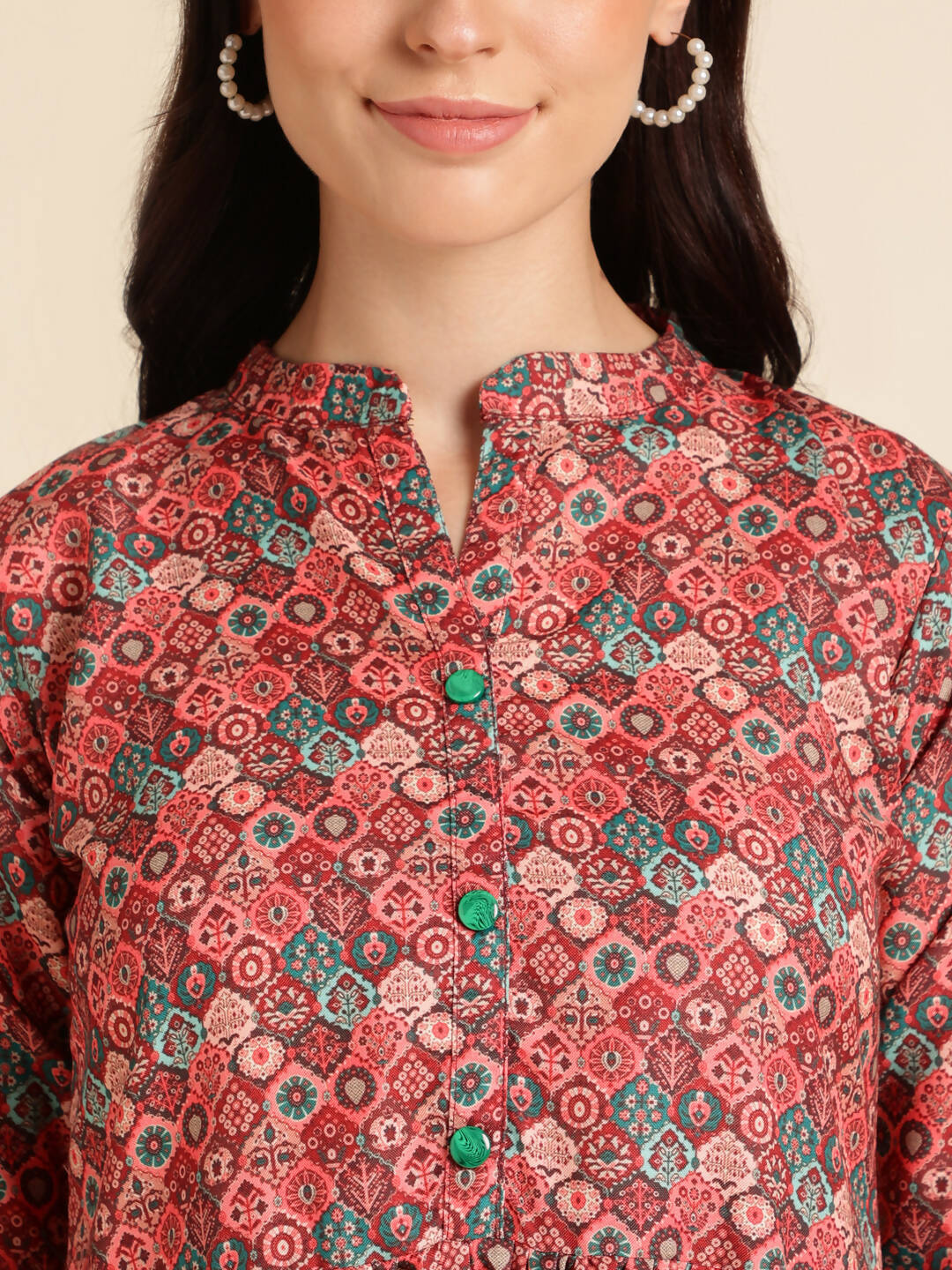 Red Poly Rayon Digital Printed A-line Top - Tarini - Swadesiicart