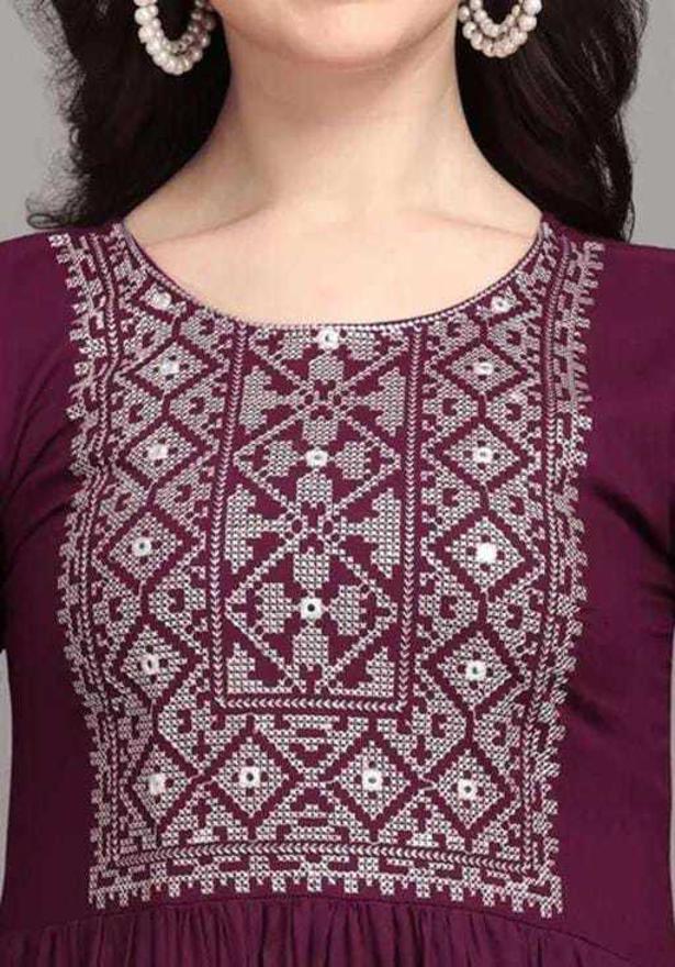 PAVONINE Wine Color Burfi-Design Embroidery Dress For Women | Swadesiicart