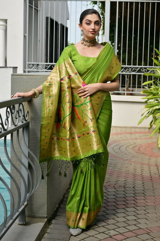 Vishnu Weaves Women's Mahendi Paithani Silk Zari Woven Saree with Blouse - Swadesiicart