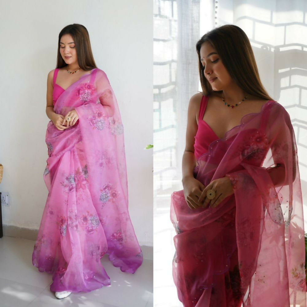 Vamsee Rency Pink Organza Saree - Swadesiicart