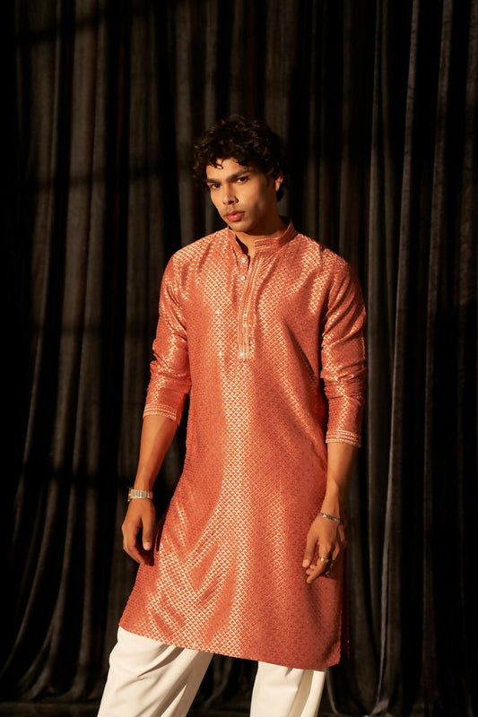 Red viscose Chikankari Embroidery Work Men's Traditional Kurta Set - Mahotsav | Swadesiicart