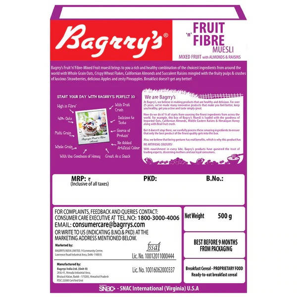 Bagrry's Fruit 'n Fibre Muesli with Mixed Fruit - Swadesiicart