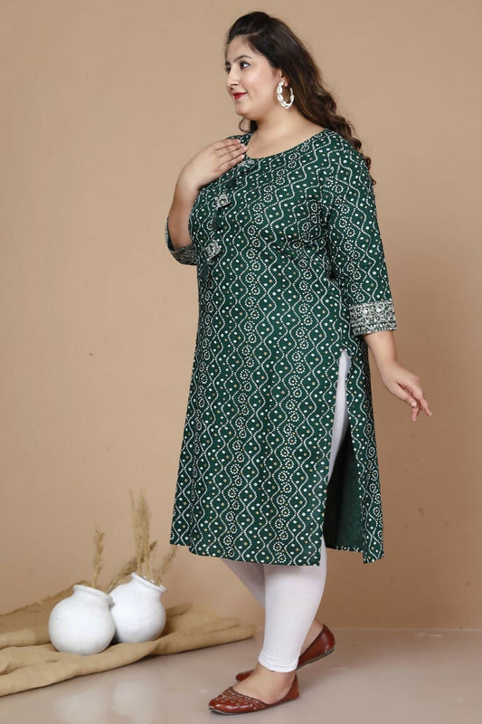 Miravan Women's Plus Size Rayon Bandhani Print Straight Kurta Green - Swadesiicart