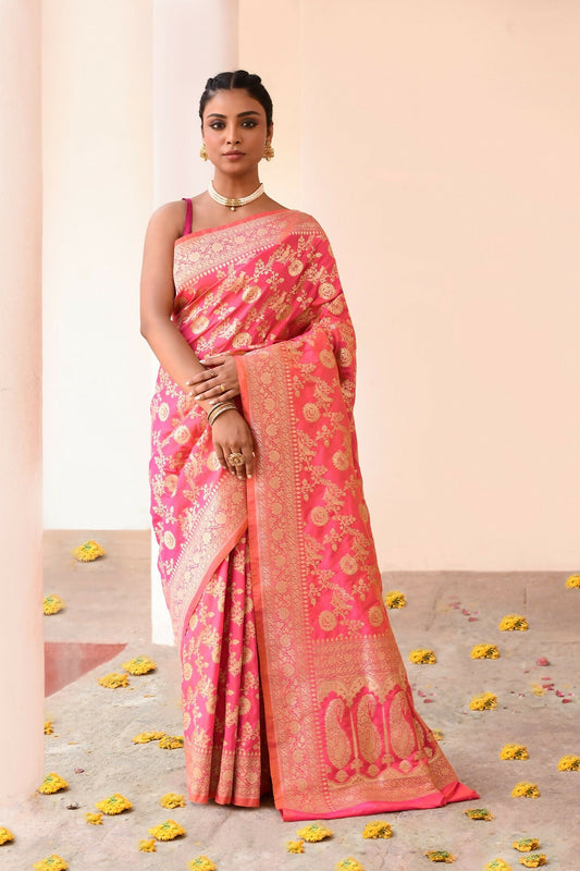 Joban Fashion Pink Peach Soft Pure Handloom Banarasi Silk Saree | Swadesiicart