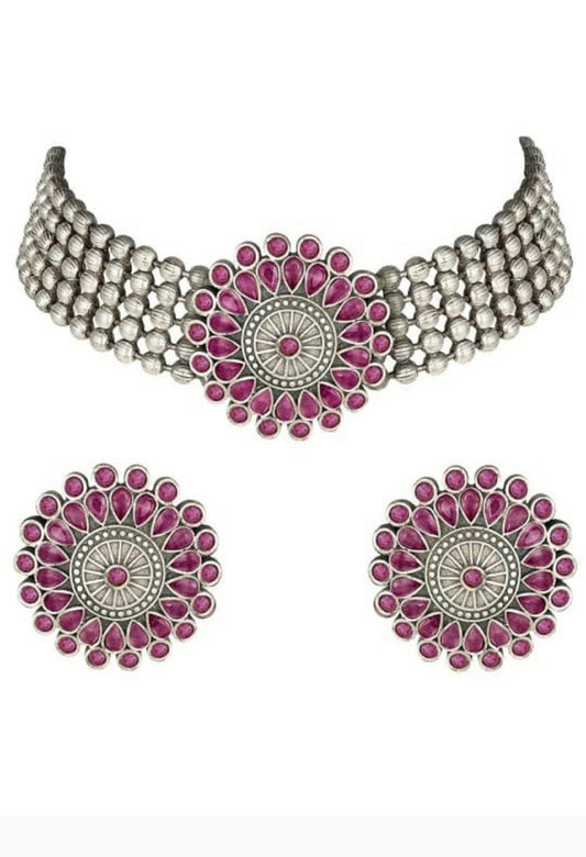 Mominos Fashion Johar Kamal Oxidised Silver-Plated Brass Finish Kundan Choker For Women (Pink) | Swadesiicart