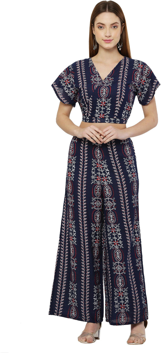 PAVONINE Navy Blue Color Printed Crop Top And Flared Palazzo Set For Girls & Women - Swadesiicart