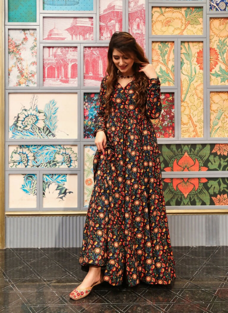 Jyoti Fashion Women's Coffee Heavy Digital Printed Cotton Silk Anarkali Dress | Swadesiicart