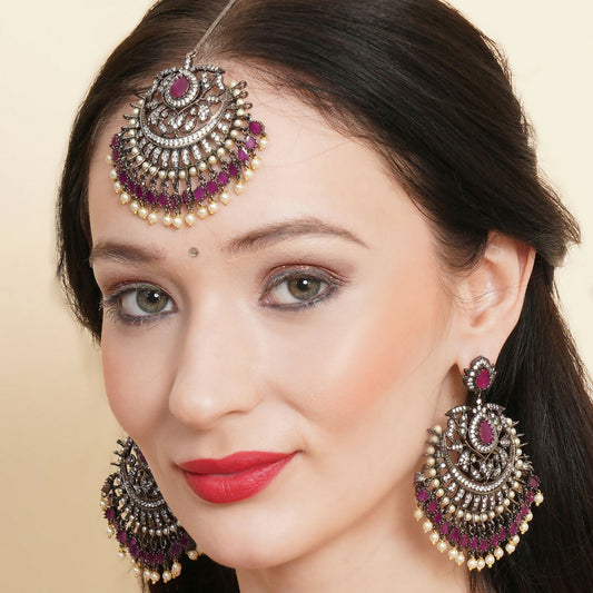 Diamond & Maroon Stone Earrings with Matching Maang Tikka- Ruby Raang | Swadesiicart