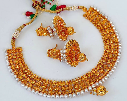 Designer Metallic Necklace Set With White Beads - Mokshi Collections