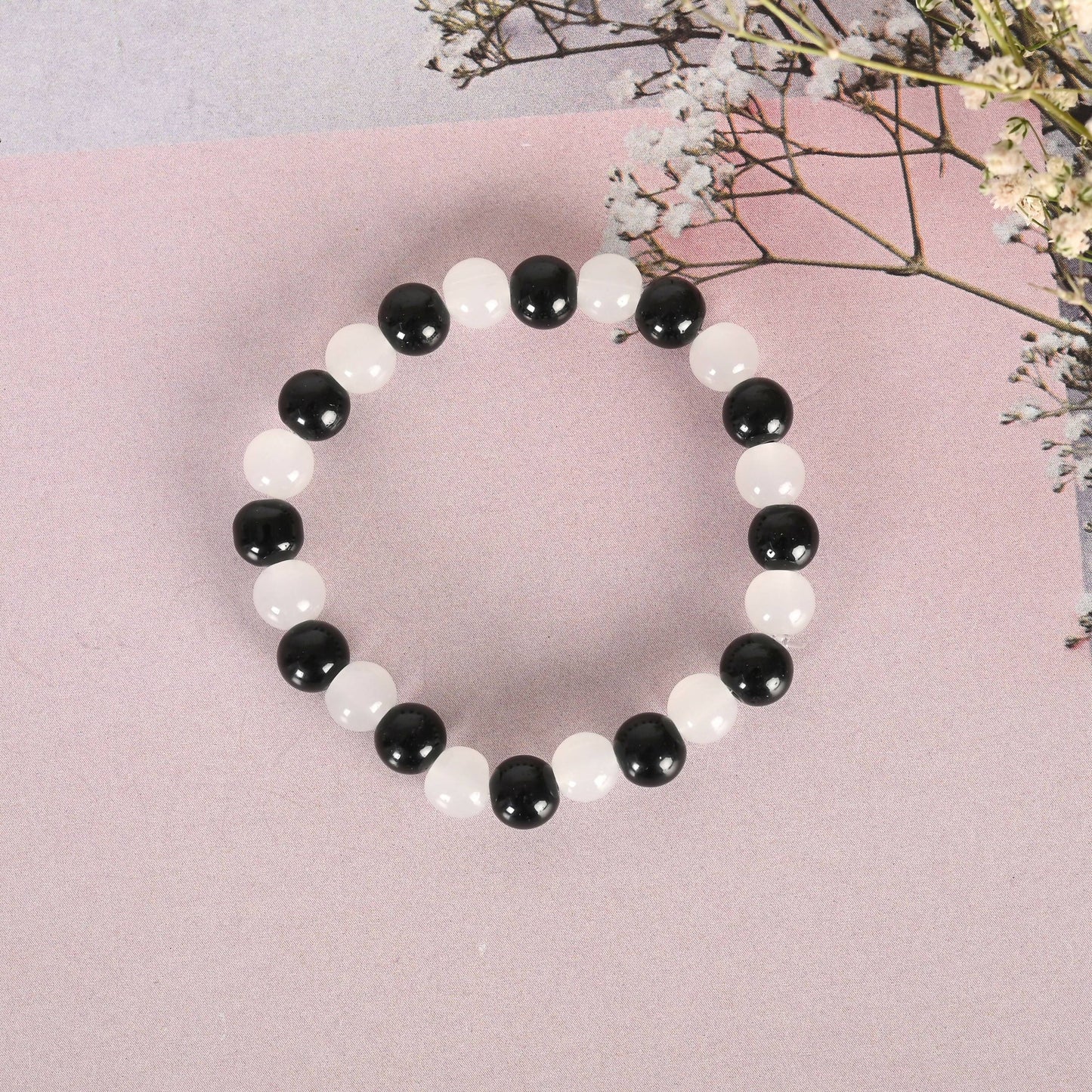 NVR Men & Women White Marble Crystal Beaded Elasticated Bracelet - Swadesiicart