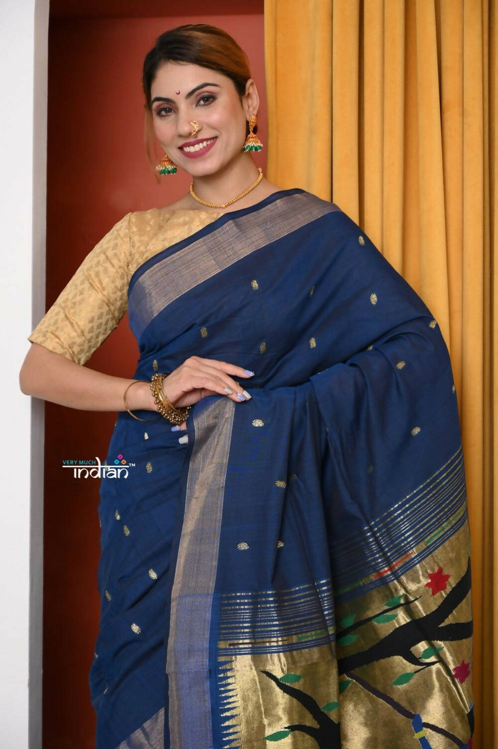 Very Much Indian Handloom Pure Cotton Paithani Saree- Royal Blue | Swadesiicart