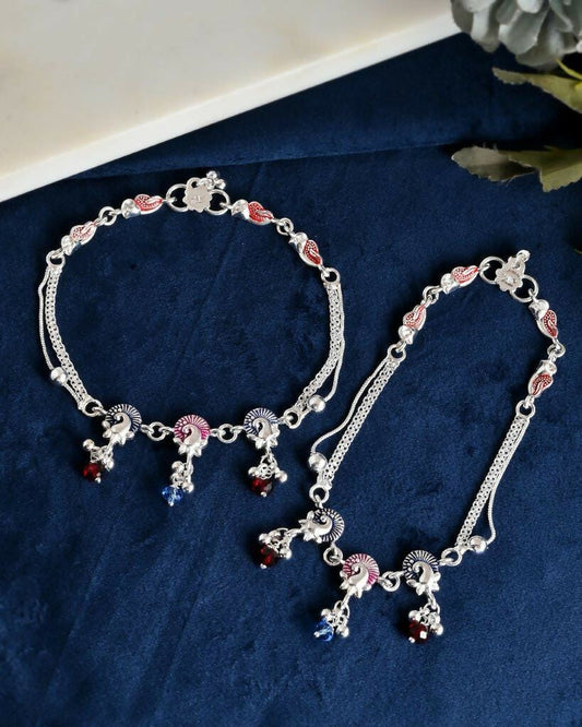 VOJ Set of 2 Silver Plated Peacock Shaped Multi Color Anklet - Swadesiicart