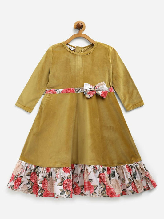 Ahalyaa Mustard Velvet Plain Kids Frilled Kurta For Girls | Swadesiicart