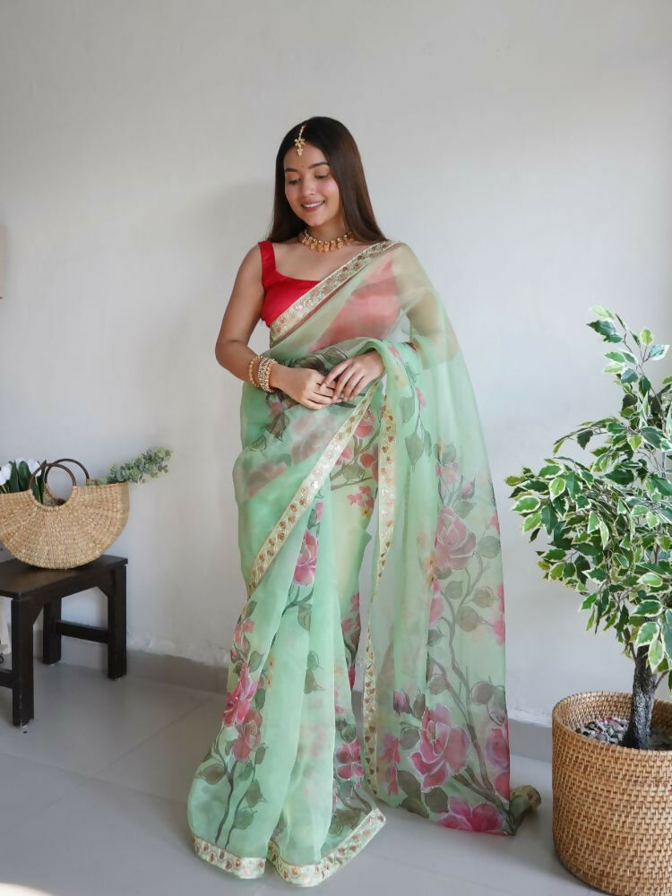 Vamsee Nilam Green Organza Saree - Swadesiicart