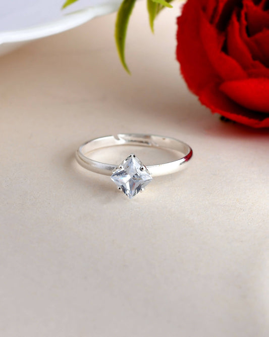 VOJ white CZ-detail Stainless Steel Cubic Zirconia Silver Plated adjustable finger Ring | Swadesiicart