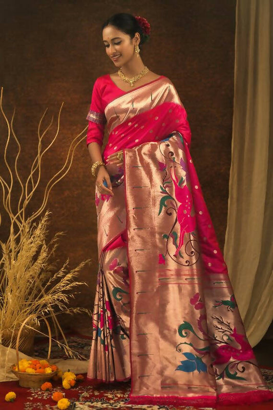 Vishnu Weaves Women's Pink Paithani Silk Zari Woven Saree with Unstitched Blouse - Swadesiicart