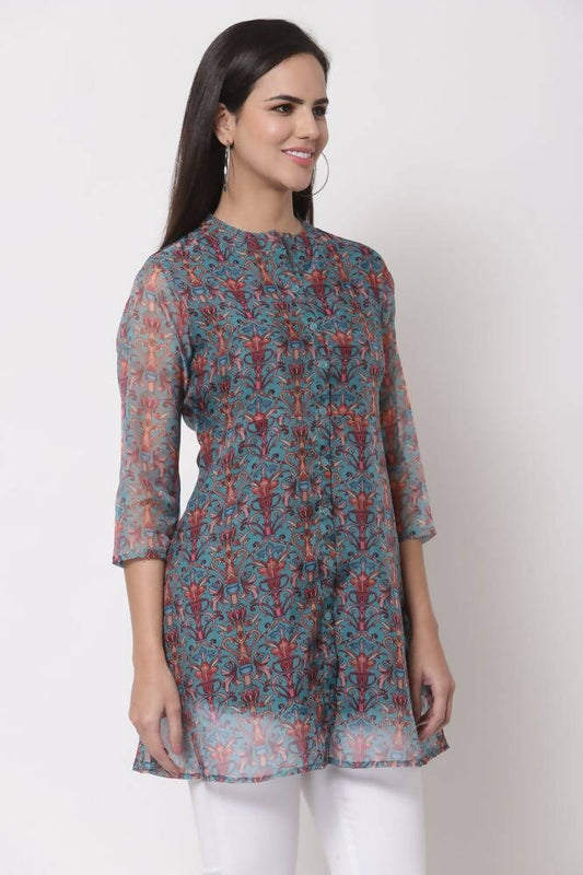 Myshka Women's Beautiful Organza Printed Printed 3/4 Sleeve Round Neck Casual Multicolor Tunic