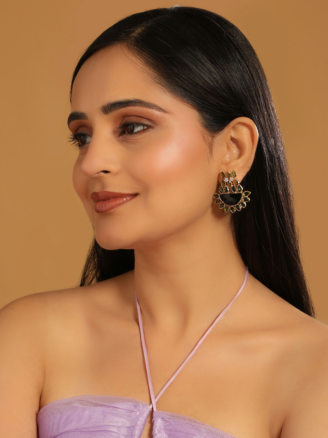Nuyug 22K Gold Plated Dark Crystal Studded Contemporary Floral Shaped Stud Earrings | Swadesiicart