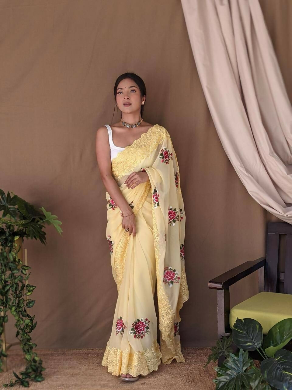 Vamsee Fana Yellow Georgette Silk Saree - Swadesiicart