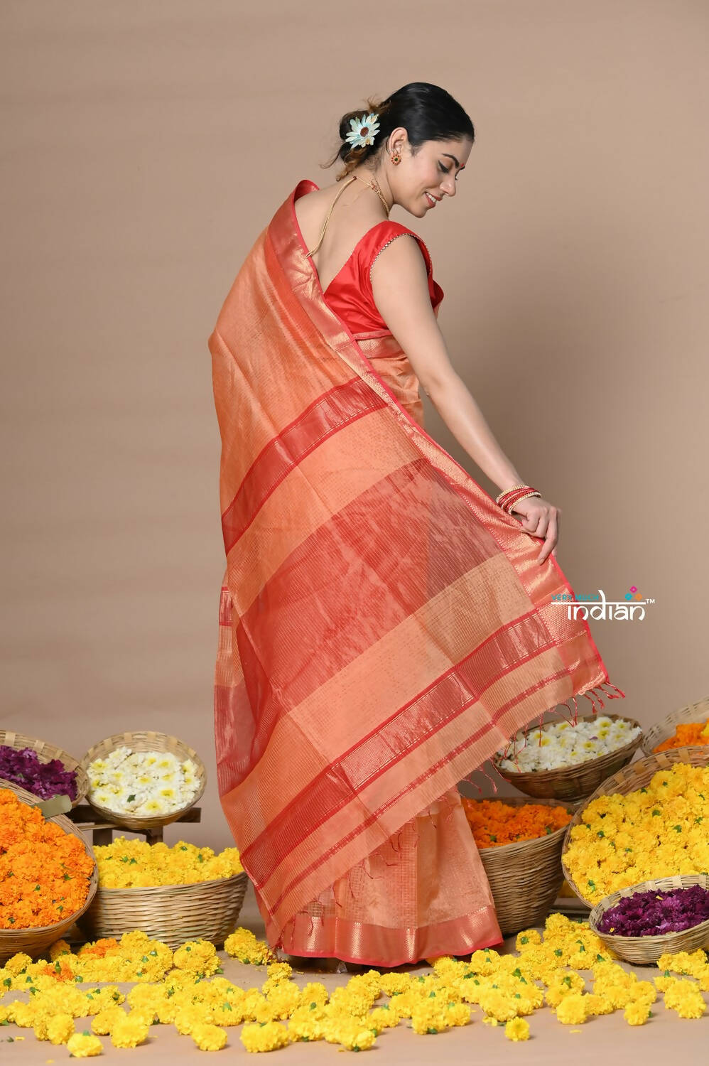 Very Much Indian Rajsi - Handloom Ari Checks Cotton Silk Saree With Golden Border - Orange | Swadesiicart