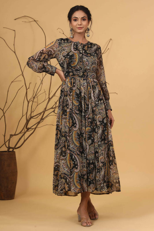 Juniper Women Black Chiffon Printed Flared Dress | Swadesiicart
