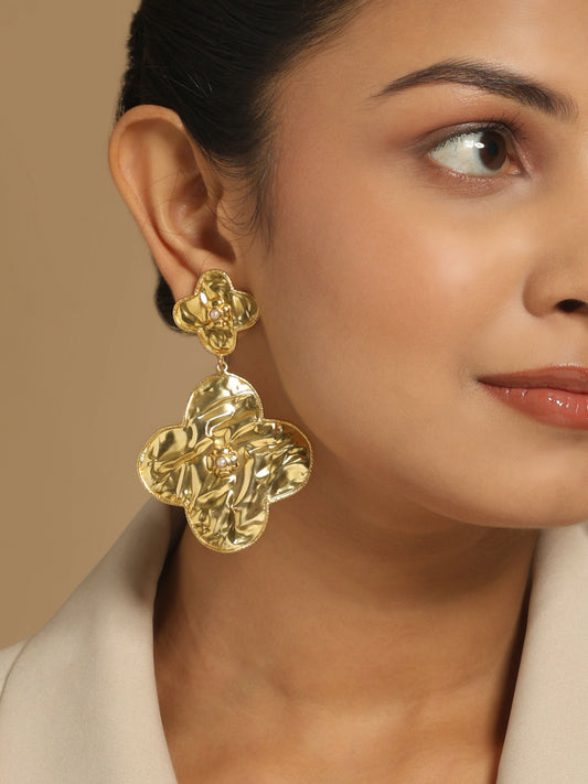 Nuyug 18k Gold-Plated Contemporary Molten Metallic Finish Floral Drop Dangler Earrings | Swadesiicart