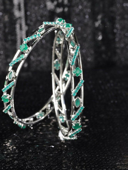 Priyaasi Women Set Of 2 Silver-Plated Emerald Studded Bangles - Noz2Toz
