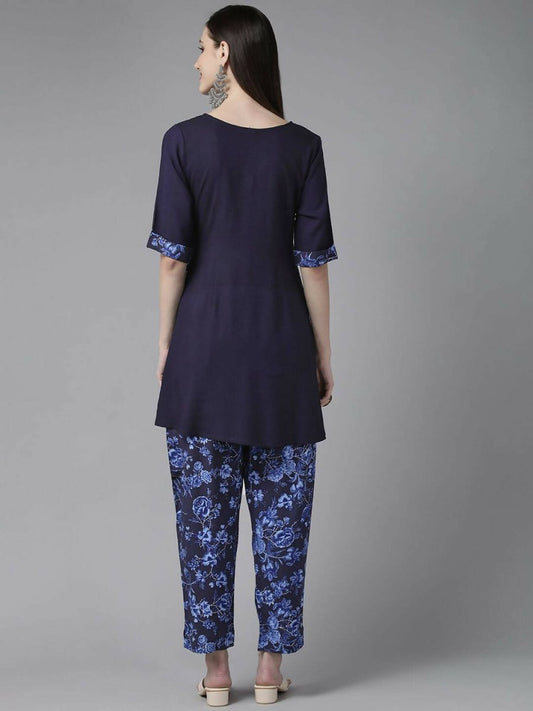 Ahalyaa Women Navy Blue Rayon Wax Printed Angrakha Gotta Patti Tunic With Trousers | Swadesiicart