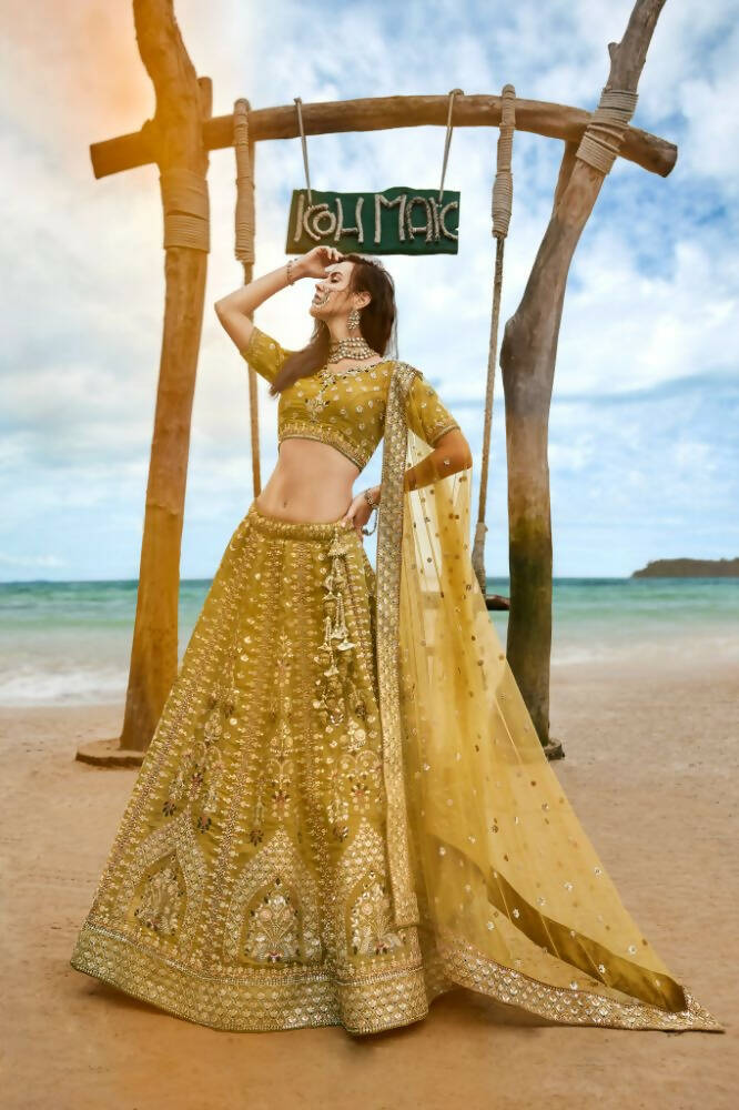 House of Panchhi Mustard Bridel Net Sequins, Moti, Mirror And Thread Embroidery Lehenga Choli & Dupatta | Swadesiicart