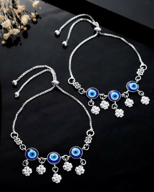 VOJ Set Of 2 Silver Plated Evil Eye Handcrafted Anklets - Swadesiicart