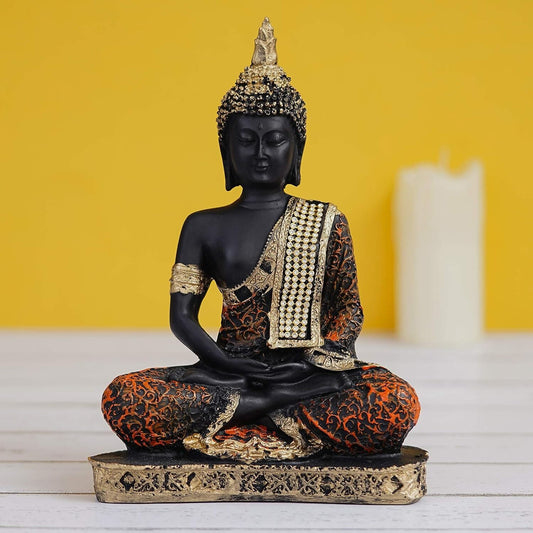 Swadesiicart Golden, Orange, and Black Polyresin Meditating Lord Buddha Statue