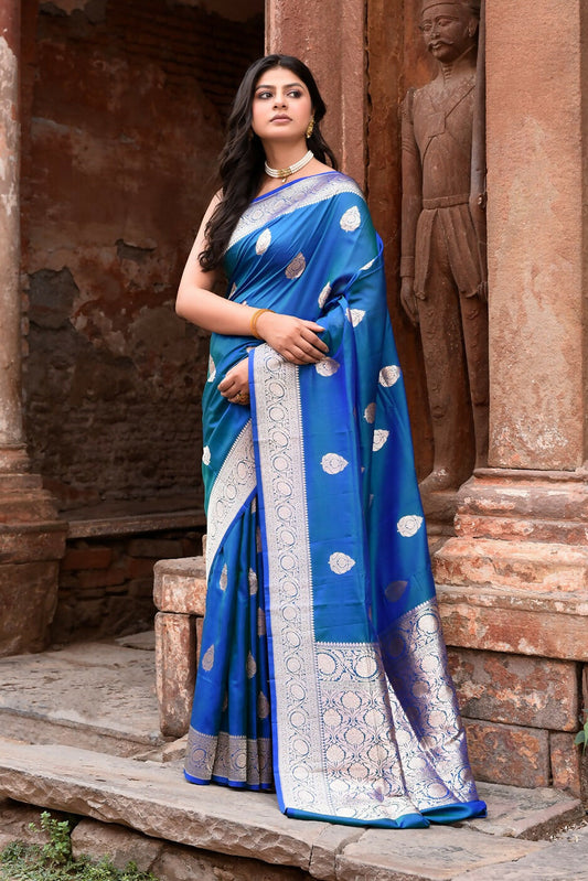 Joban Fashion Blue Banarasi Katan Pure Handloom Banarasi Silk Saree | Swadesiicart