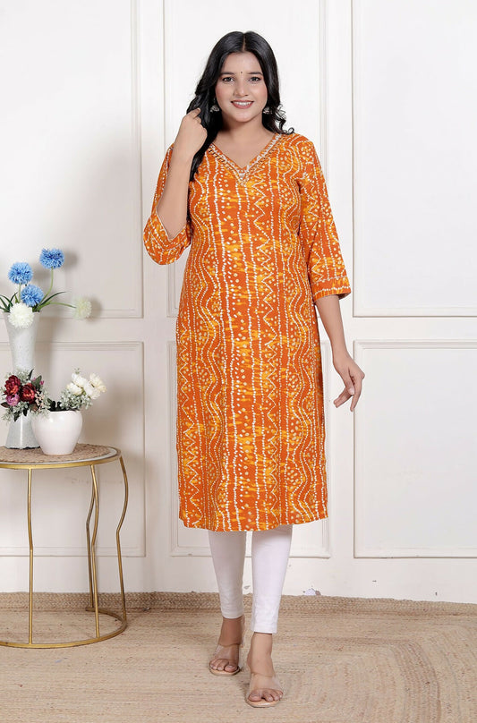 Miravan Womens Yellow Bandhani Printed Straight Kurti - Swadesiicart