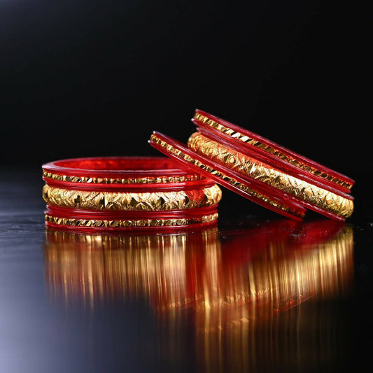 Afast Designer Fancy Party Bangle/ Kada Set, Red And Gold, Sheep, Pack Of 6 - Swadesiicart