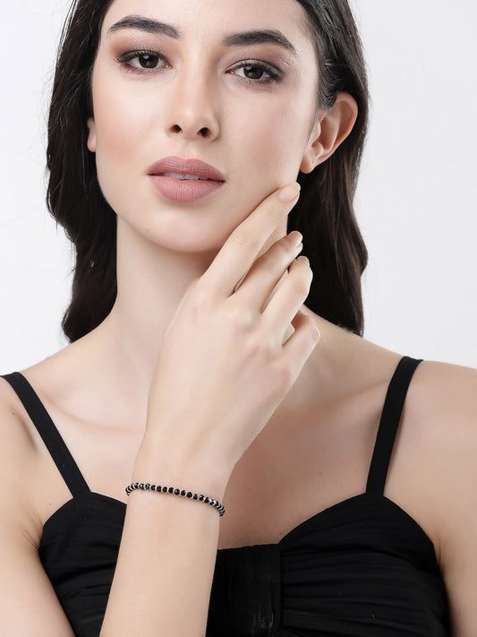 NVR Women Silver-Toned Black Brass Rhodium-Plated Link Bracelet