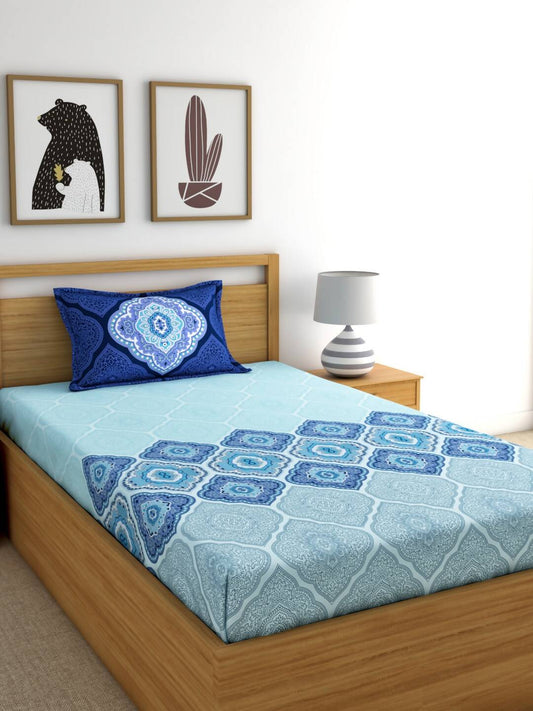 Dreamscape Blue Ethnic 144 TC Cotton Bedsheet with Reversible Pillow Covers - Swadesiicart