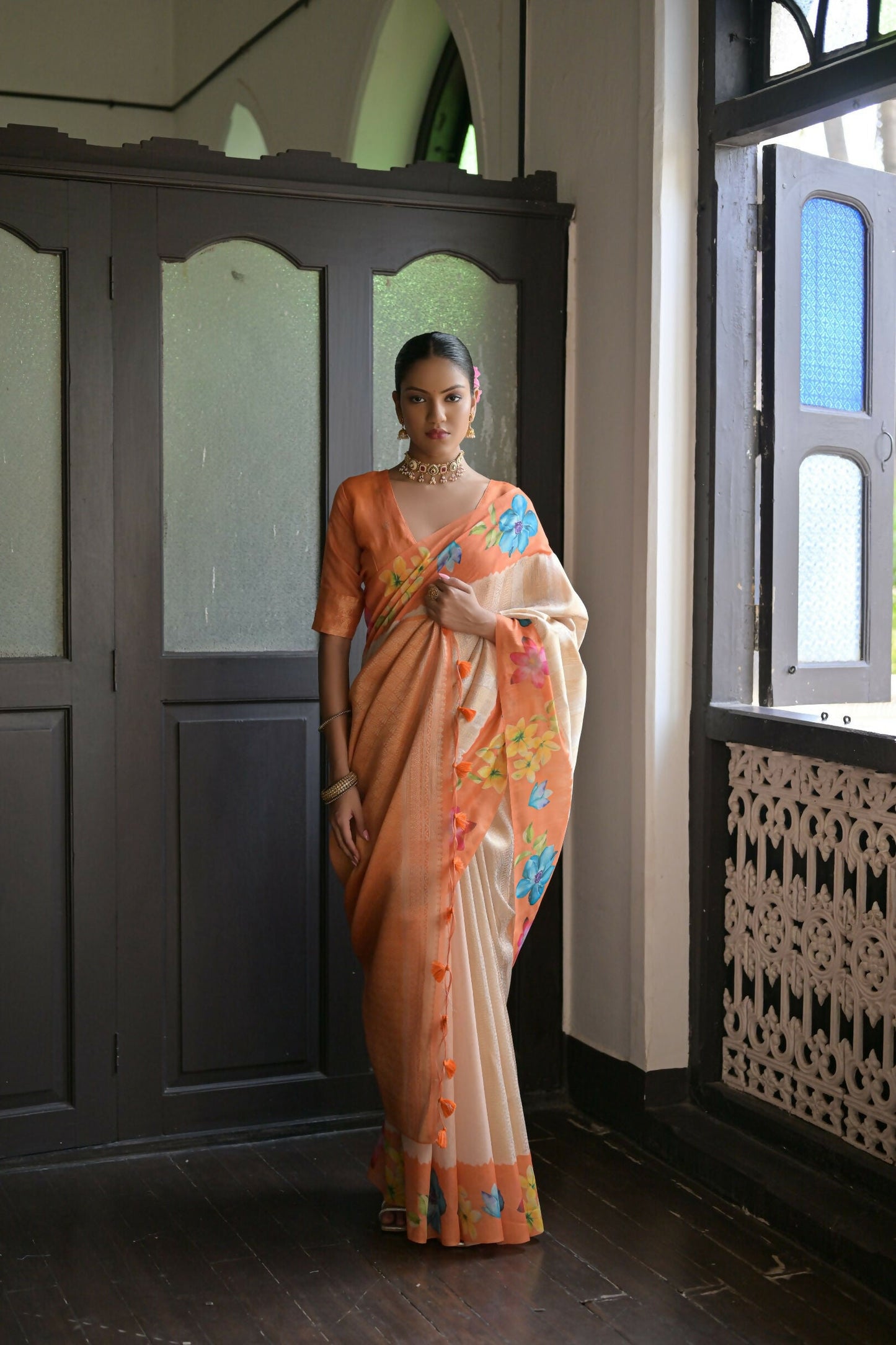 Vishnu Weaves Women's Orange banarasi Silk Saree with Blouse - Swadesiicart