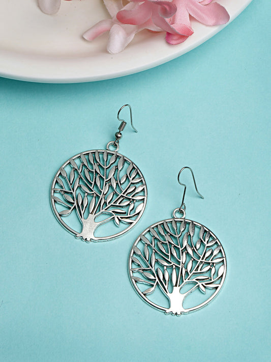 NVR Women's Silver-Toned Circular Shape German Silver Oxidised Drop Earrings