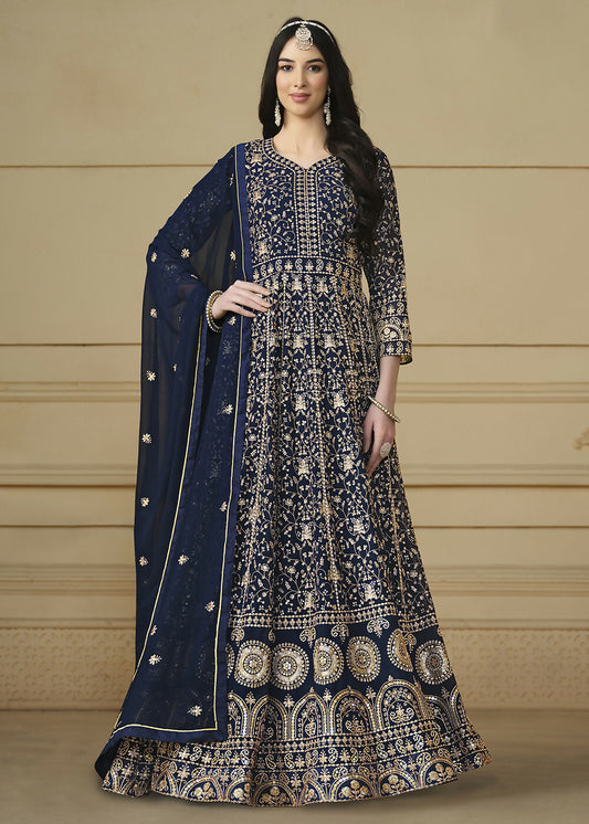 Navy Blue Embroidered Trendy Style Anarkali Suit - Emponline | Swadesiicart