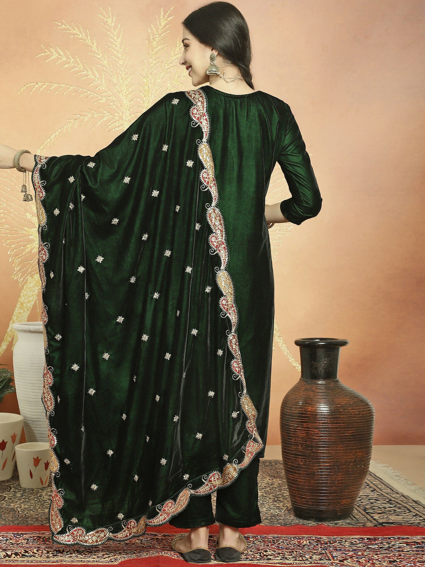 Jyoti Fashion Women's Green Velvet Cording with Resham Thread & Sequin Kurta with Trouser & Dupatta | Swadesiicart