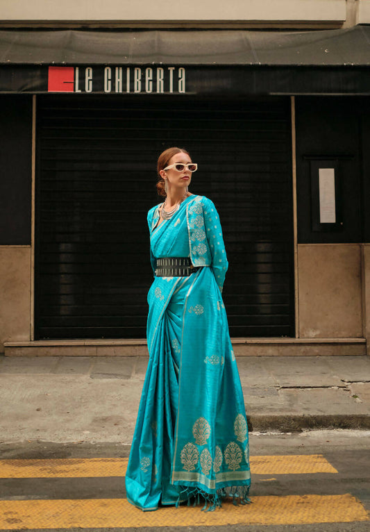 Firozi Blue Weavead Thread & Zari Work, Handloom Weaving Banarasi Satin Silk Saree - Rajtex Kronicle Silk - Swadesiicart