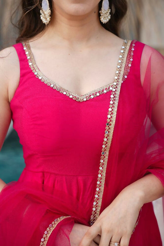 Joban Fashion Rani Pink Kurta Set Chanderi Sequence Embroidery Work - Swadesiicart