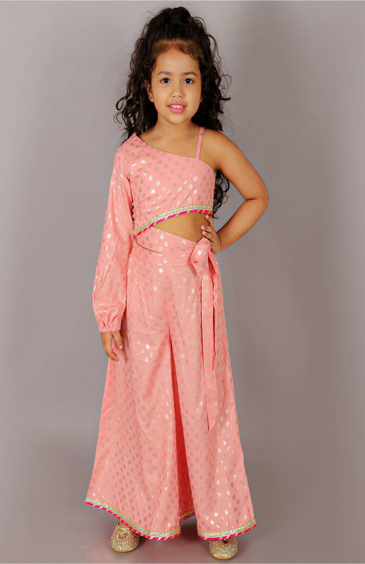 Lil Drama Fusion Fair Girls Peach Crop Top With Palazzo Co-Ordinate Set - Swadesiicart