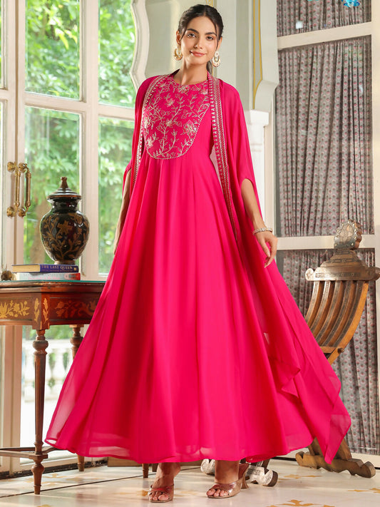Janasya Pink Georgette Embroidered Dress & Cape | Swadesiicart