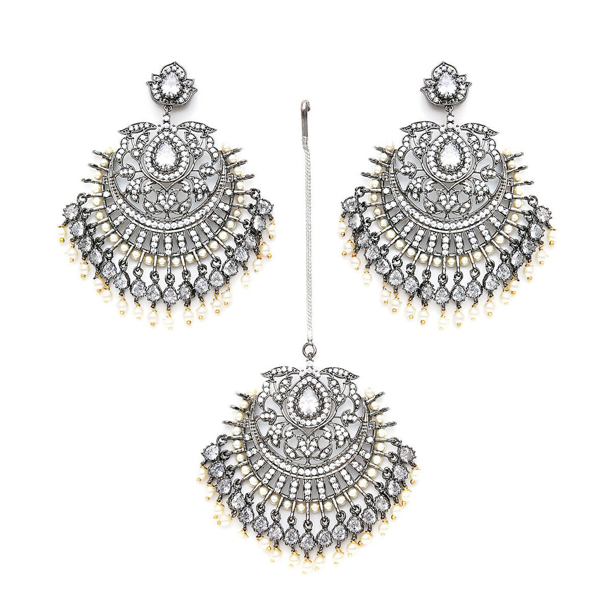 Diamond Earrings with Matching Maang Tikka- Ruby Raang | Swadesiicart