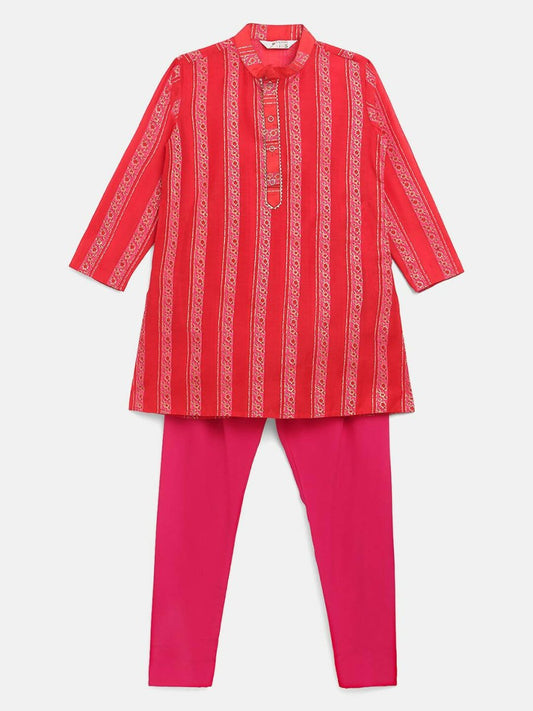 Ahalyaa Red Chanderi Khari Print Kids Kurta Churidar Set For Boys | Swadesiicart