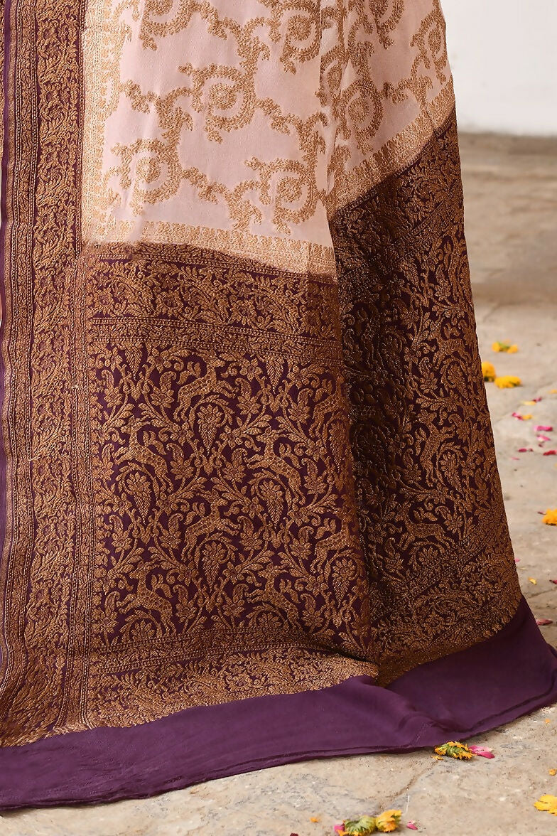 Joban Fashion Ivory Crepe Chiffon Pure Handloom Banarasi Silk Swadesiicart