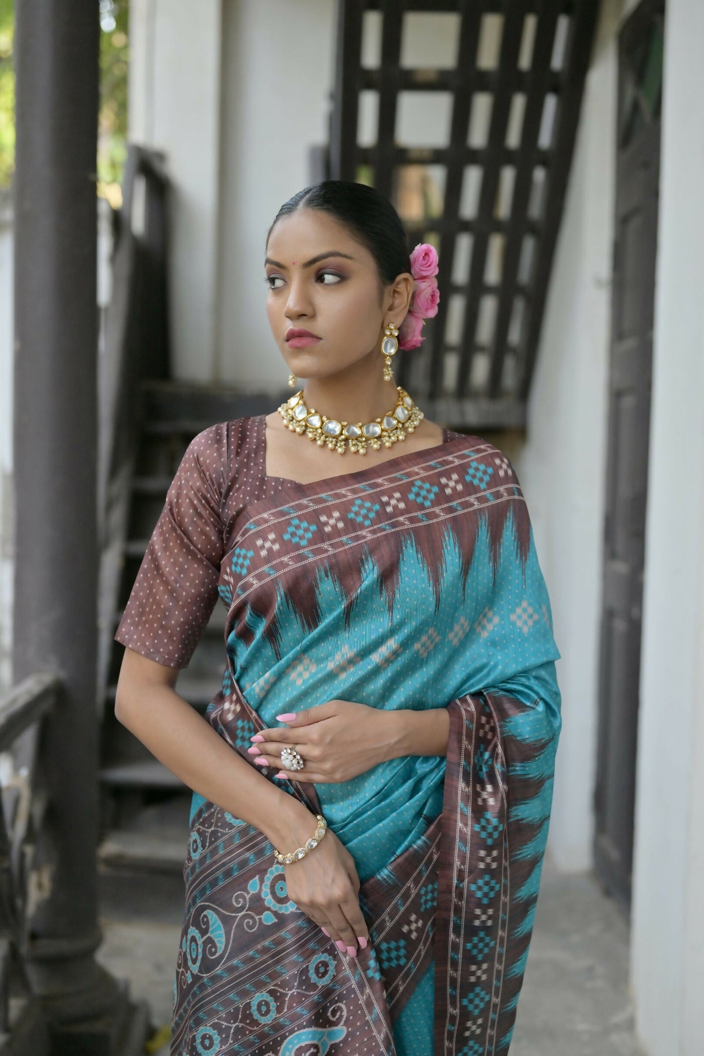 Vishnu Weaves Women's Firozi Soft Tussar Silk Saree with Blouse - Swadesiicart