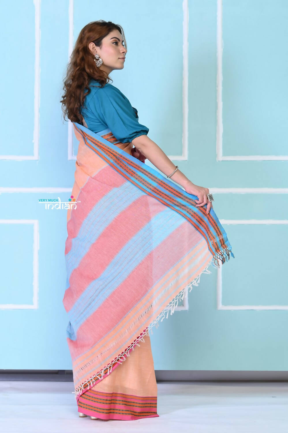 Very Much Indian Traditional Patteda Anchu Ilkal Handloom Saree - Peach Tone | Swadesiicart